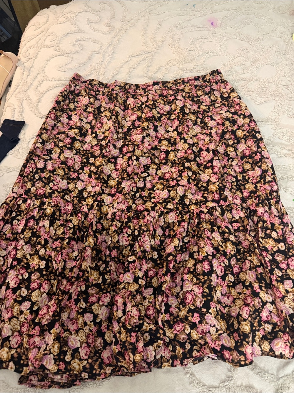Floral Tiered Midi Skirt - Pink Floral on Black
